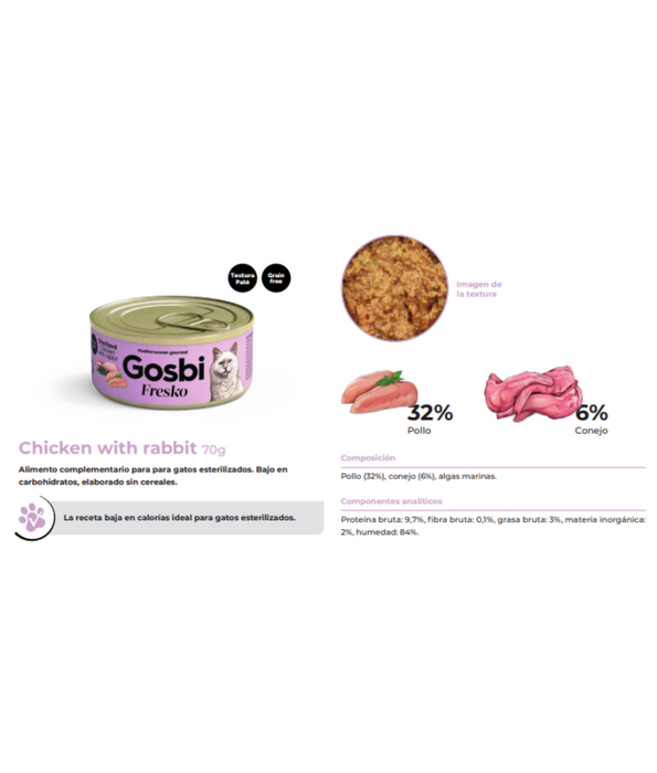 Gosbi - Fresko, Chicken and Rabbit Sterilized Complementary Adult Wet Cat Food – Grain-Free 70g
