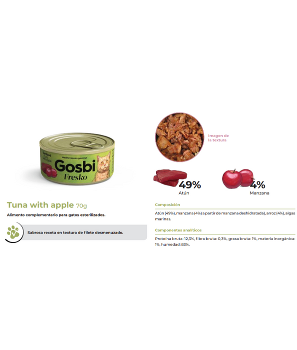 Gosbi - Fresko, Tuna and Apple Sterilized Complementary Adult Wet Cat Food – 70g