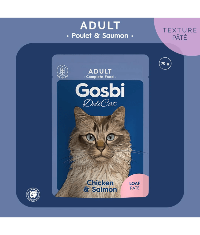 Gosbi - DeliCat, Chicken and Salmon Complete Adult Wet Cat Food – Loaf Pâté, Grain-Free – 70g