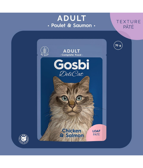 Gosbi - DeliCat, Chicken and Salmon Complete Adult Wet Cat Food – Loaf Pâté, Grain-Free – 70g