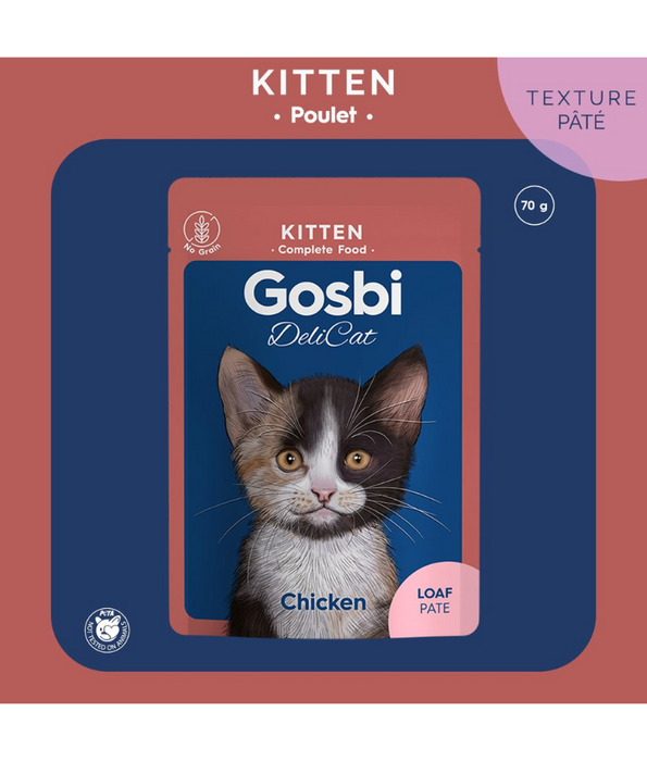 Gosbi - DeliCat, Chicken Kitten Complete Wet Cat Food – Loaf Pâté, Grain-Free, Energy-Rich – 70g
