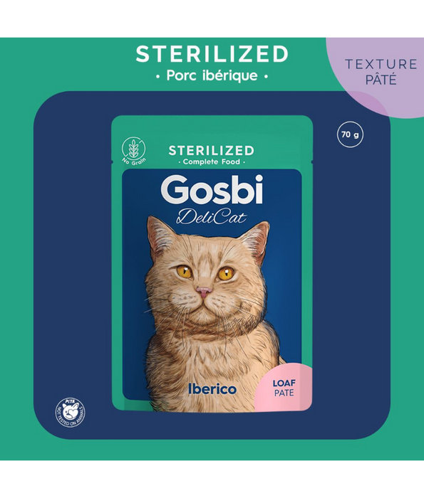 Gosbi - DeliCat, Iberico Pork Sterilized Complete Adult Wet Cat Food – Loaf Pâté, Grain-Free, Low-Calorie – 70g