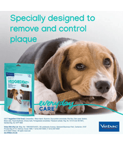 Virbac - Veggiedent FRESH Dental Chews, Plant-Based Formula, Dental & Digestive Support S- M with a dog chewing a treat.