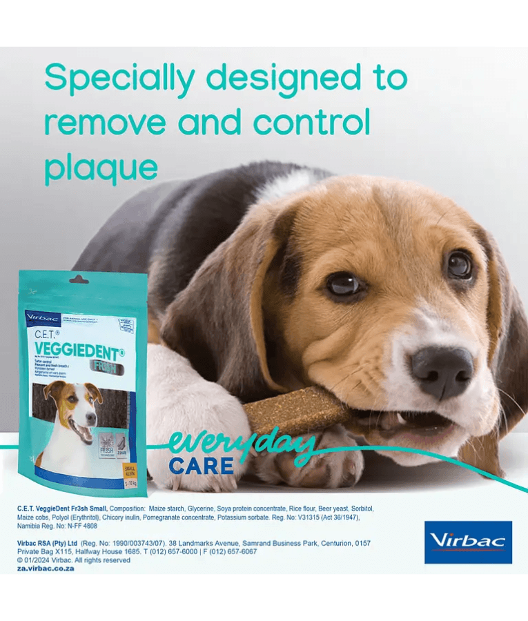 Virbac - Veggiedent FRESH Dental Chews, Plant-Based Formula, Dental & Digestive Support S- M with a dog chewing a treat.