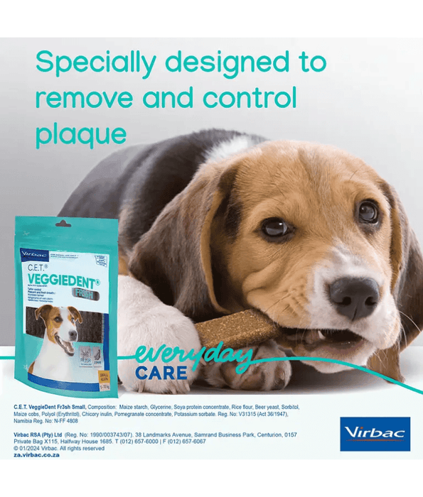 Virbac - Veggiedent FRESH Dental Chews, Plant-Based Formula, Dental & Digestive Support S- M with a dog chewing a treat.
