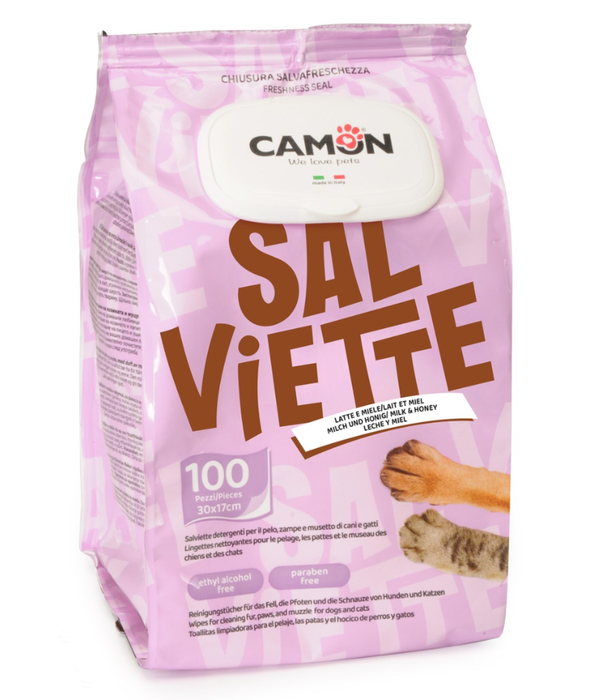 Camon - Salviette Cleansing Pet Wipes Milk & Honey – Alcohol & Paraben Free - 100 Sheets