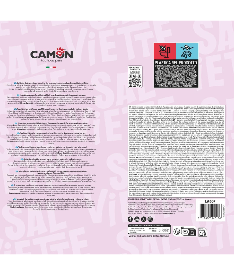 Camon - Salviette Cleansing Pet Wipes Milk & Honey – Alcohol & Paraben Free - 40 Sheets -100 Sheets