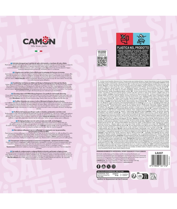 Camon - Salviette Cleansing Pet Wipes Milk & Honey – Alcohol & Paraben Free - 100 Sheets