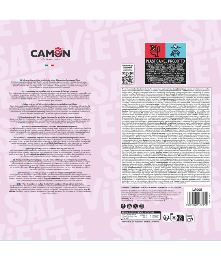 Camon - Salviette Cleansing Pet Wipes Talco – Alcohol & Paraben Free - 40 Sheets -100 Sheets