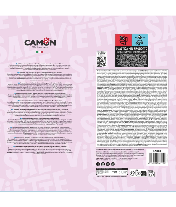 Camon - Salviette Cleansing Pet Wipes Talco – Alcohol & Paraben Free - 40 Sheets -100 Sheets