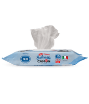 Camon - Maxi Salviette Cleansing Pet Wipes Talco – Alcohol & Paraben Free - 18 Sheets packaging with wipes partially out.