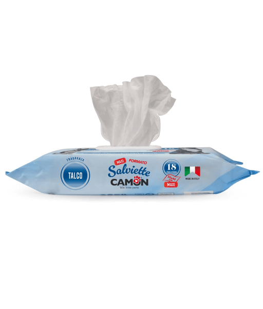 Camon - Maxi Salviette Cleansing Pet Wipes Talco – Alcohol & Paraben Free - 18 Sheets packaging with wipes partially out.