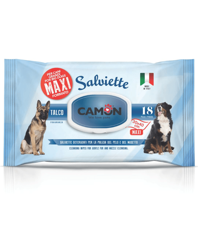 Camon - Maxi Salviette Cleansing Pet Wipes Talco – Alcohol & Paraben Free - 18 Sheets package with dogs