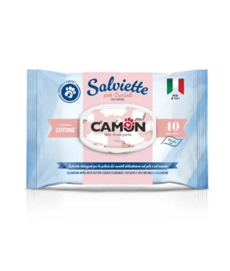 Camon - Salviette Cleansing Puppy & Kitten Wipes - Cotton Scent Wipes - 40 Sheets packaging with gentle formula for pets.