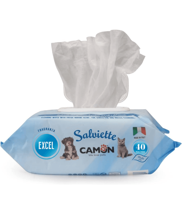 Camon - Salviette Cleansing Pet Wipes - Excel Scent Wipes - 40 Sheets packaging with wipes visible.