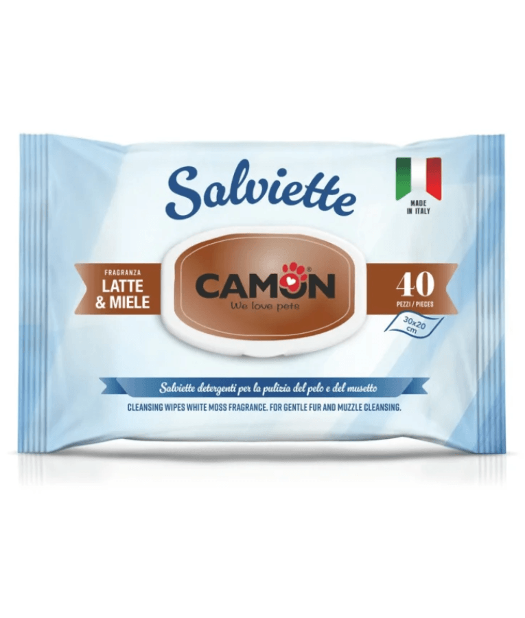 Camon - Salviette Cleansing Pet Wipes - Latte & Mielle Scent Wipes - 40 Sheets packaging front view.