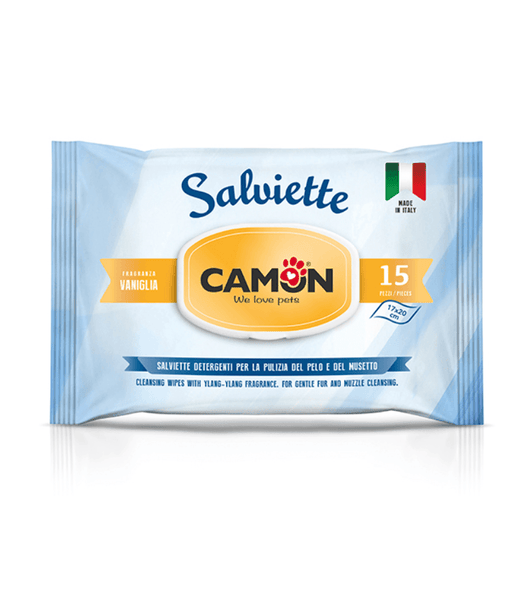 Camon - Salviette Cleansing Pet Wipes -Vanilla Pocket Wipes - 15 Sheets packaging, compact and practical pet hygiene wipes.