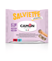 Camon - Salviette Cleansing Pet Wipes -Vanilla Pocket Wipes - 15 Sheets pack with dog paws, gentle fragrance.