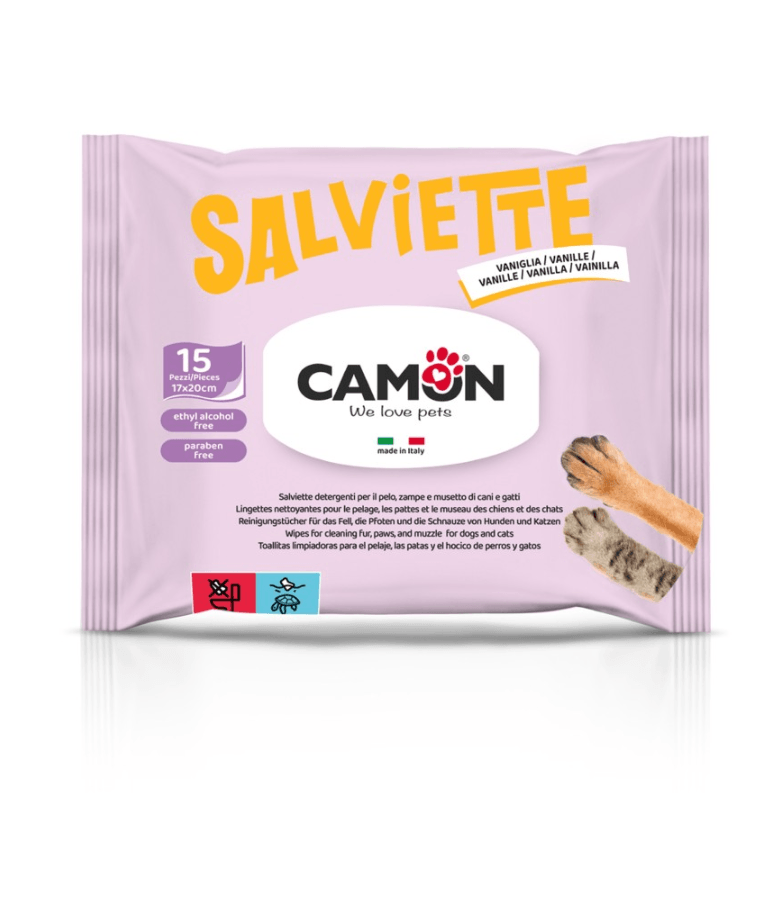 Camon - Salviette Cleansing Pet Wipes -Vanilla Pocket Wipes - 15 Sheets pack with dog paws, gentle fragrance.