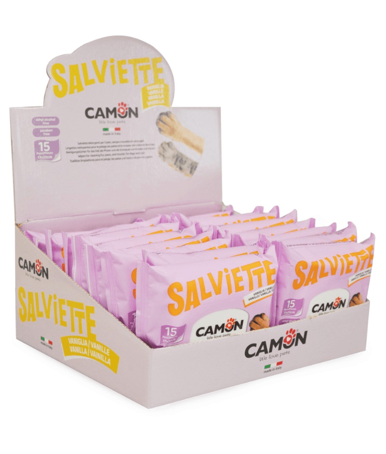 Camon - Salviette Cleansing Pet Wipes -Vanilla Pocket Wipes - 15 Sheets displayed in a retail box.