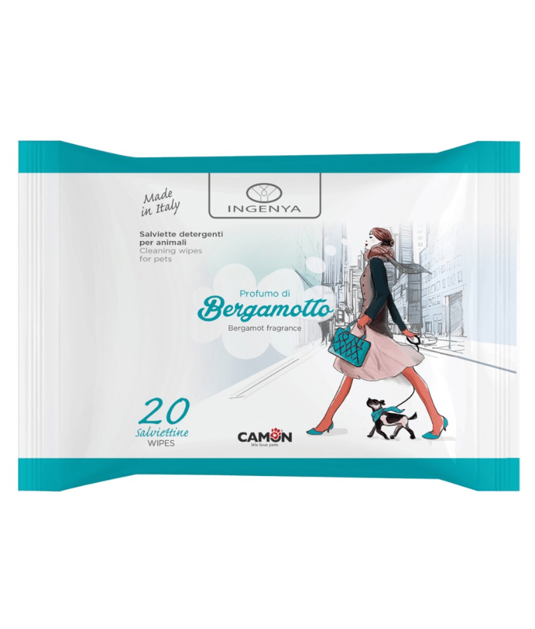 Camon - Ingenya Bergamot Citrus Pet Cleansing Wipes - Pocket Wipes, 20 Sheets packaging showcasing cleansing wipes for pets.
