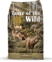 Taste Of The Wild - Pine Forest Formula - Venison & Legumes - Grain Free Dry Dog Food - 12.2kg packaging with scenic forest background.