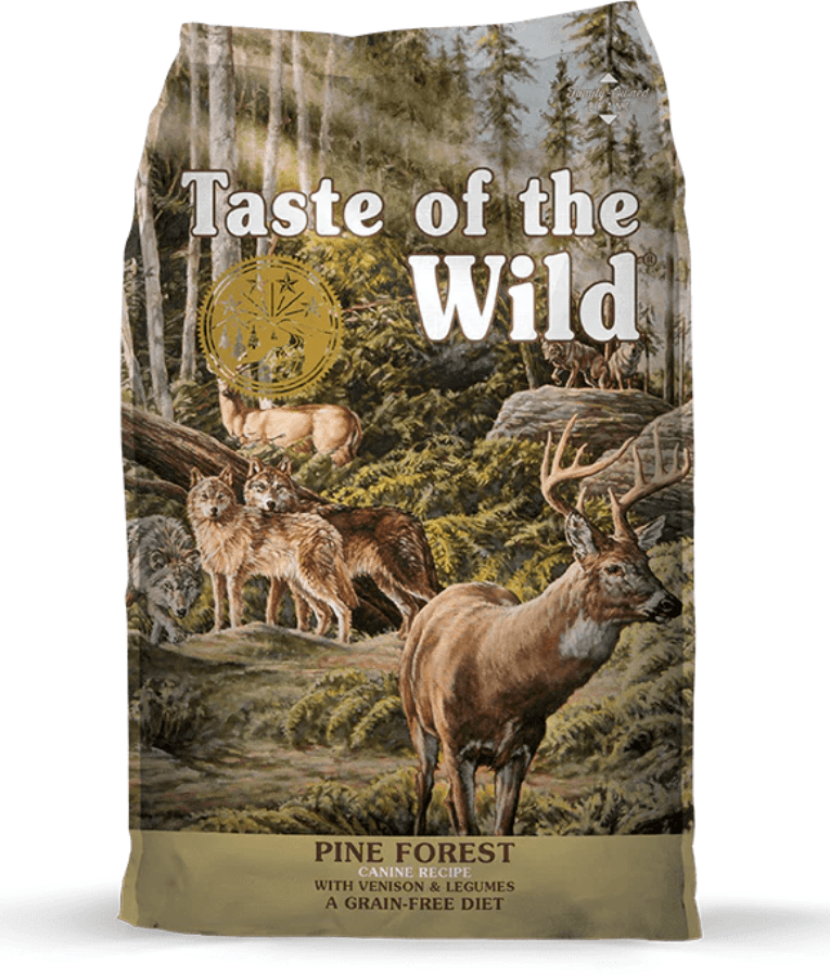 Taste Of The Wild - Pine Forest Formula - Venison & Legumes - Grain Free Dry Dog Food - 12.2kg packaging with scenic forest background.