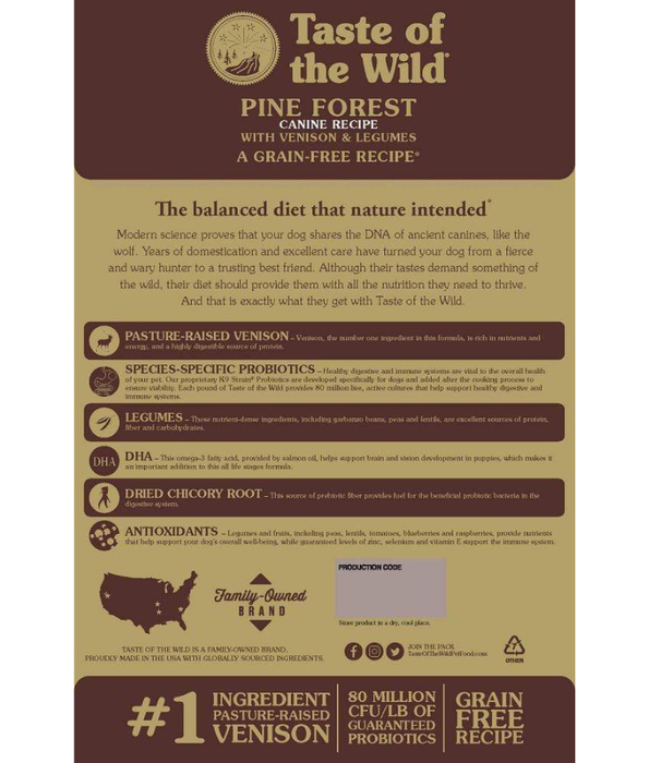 Taste Of The Wild - Pine Forest Formula - Venison & Legumes - Grain Free Dry Dog Food - 12.2kg