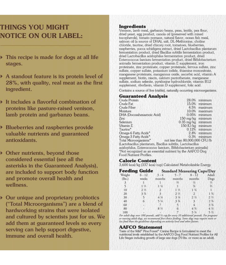 Taste Of The Wild - Pine Forest Formula - Venison & Legumes - Grain Free Dry Dog Food - 12.2kg ingredient label and analysis