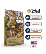 Taste Of The Wild - Pine Forest Formula - Venison & Legumes - Grain Free Dry Dog Food - 12.2kg packaging with informative icons.