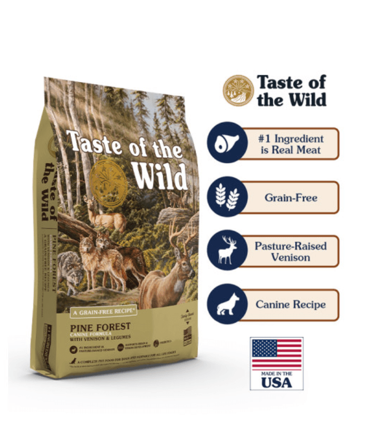 Taste Of The Wild - Pine Forest Formula - Venison & Legumes - Grain Free Dry Dog Food - 12.2kg packaging with informative icons.