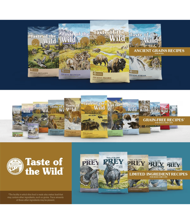 Taste Of The Wild - Pine Forest Formula - Venison & Legumes - Grain Free Dry Dog Food - 12.2kg varieties displayed on shelf.