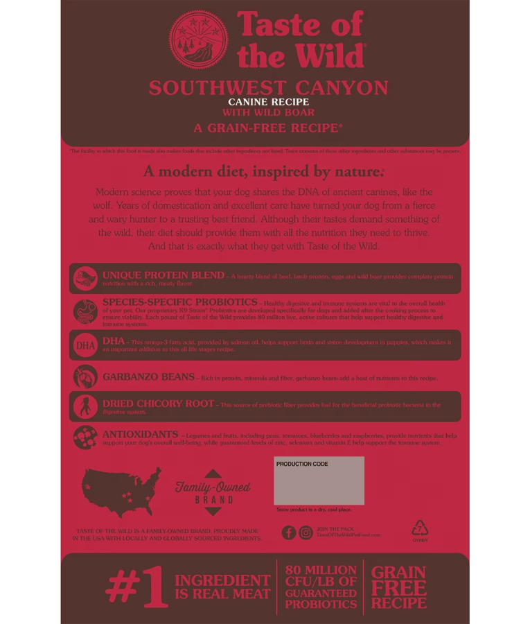 Taste of the Wild - Southwest Canyon - Wild Boar, Beef & Lamb - Grain Free Dry Dog Food - 12.2kg nutritional information.
