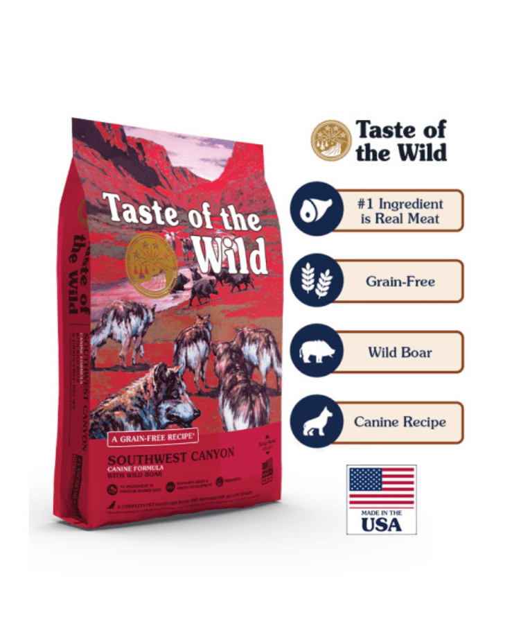 Taste of the Wild - Southwest Canyon - Wild Boar, Beef & Lamb - Grain Free Dry Dog Food - 12.2kg packaging with nutritional icons.