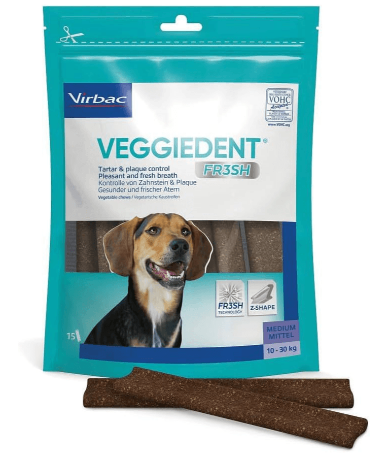 Virbac - Veggiedent FRESH Dental Chews, Plant-Based Formula, Dental & Digestive Support S- M for dogs with added plaque control.