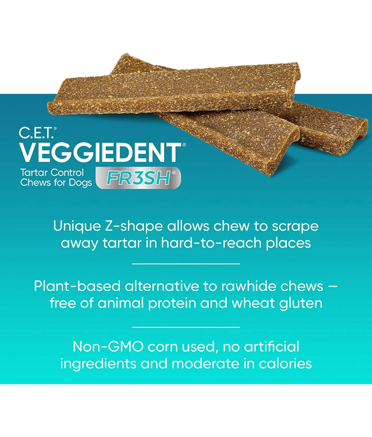 Virbac - Veggiedent FRESH Dental Chews, Plant-Based Formula, Dental & Digestive Support S- M, Z-shaped design.