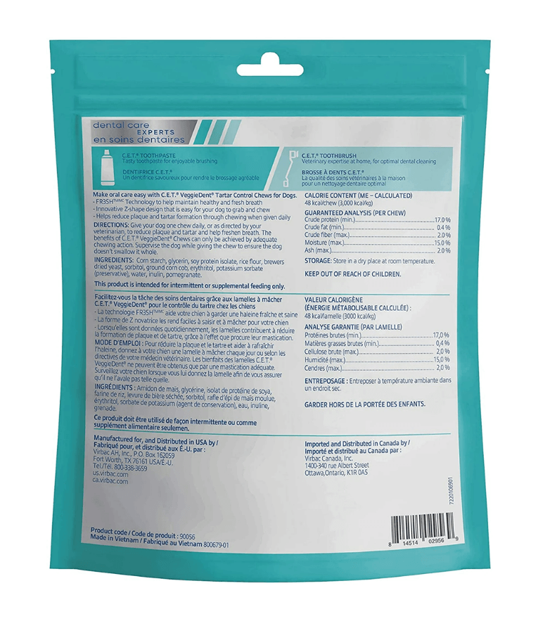 Virbac - Veggiedent FRESH Dental Chews, Plant-Based Formula, Dental & Digestive Support S- M packaging back view.