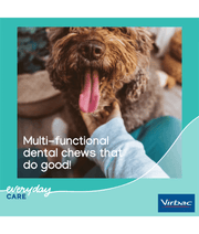 Virbac - Veggiedent FRESH Dental Chews, Plant-Based Formula, Dental & Digestive Support S- M in use with a happy dog.