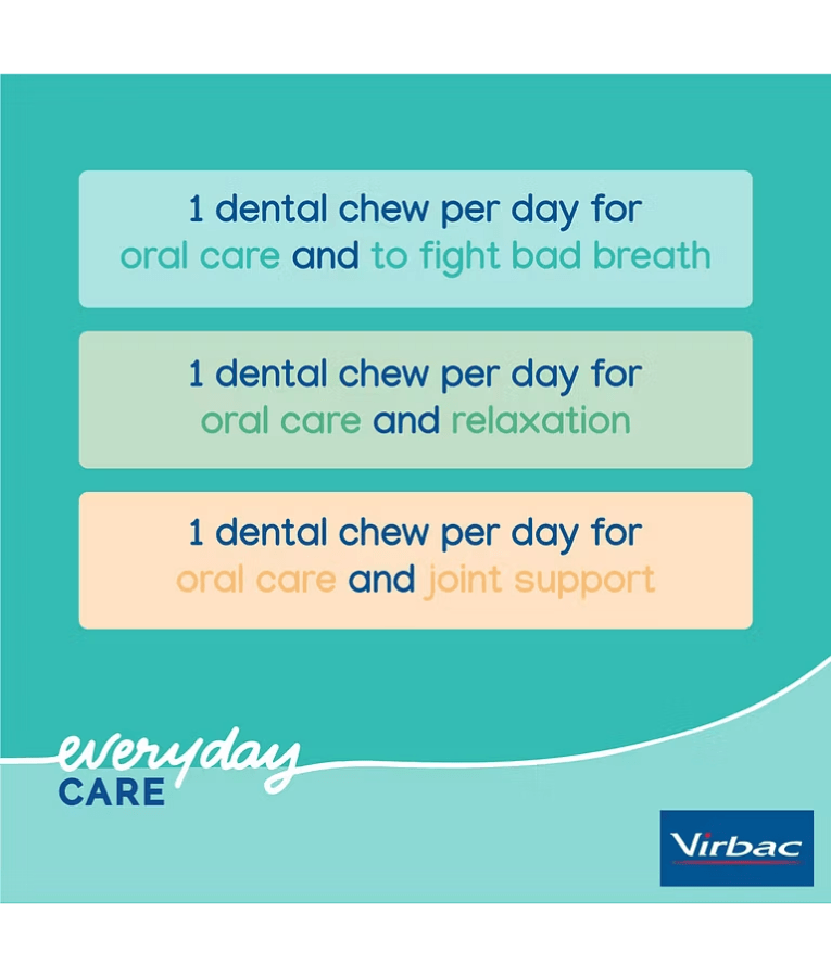 Virbac - Veggiedent FRESH Dental Chews, Plant-Based Formula, Dental & Digestive Support  S- M promotional image showing daily usage tips.