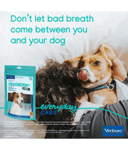 Virbac - Veggiedent FRESH Dental Chews, Plant-Based Formula, Dental & Digestive Support  S- M with a dog and owner.