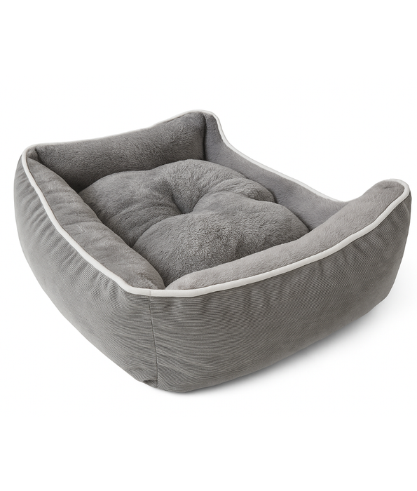 King Queen – Corduroy Fort Bed for Cats & Mini Dogs, Faux Fur Interior, Anti-Slip Base – Dark Grey - 64 × 55 × 20 cm