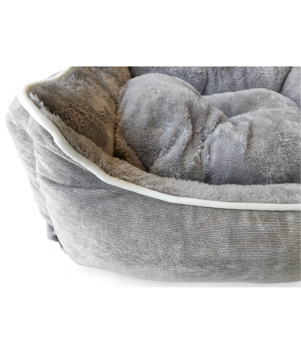 King Queen – Corduroy Fort Bed for Cats & Mini Dogs, Faux Fur Interior, Anti-Slip Base – Dark Grey - 64 × 55 × 20 cm