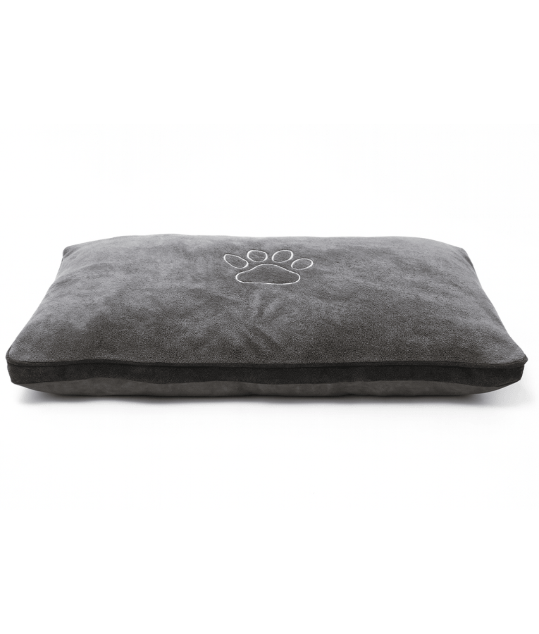 Paw Prints - Plush Rectangular Dog & Cat Bed, Faux Fur, Washable Cover - 110×80×12 cm in gray with paw print design.