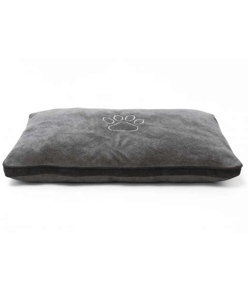 Paw Prints - Plush Rectangular Dog & Cat Bed, Faux Fur, Washable Cover - 110×80×12 cm in gray with paw print design.