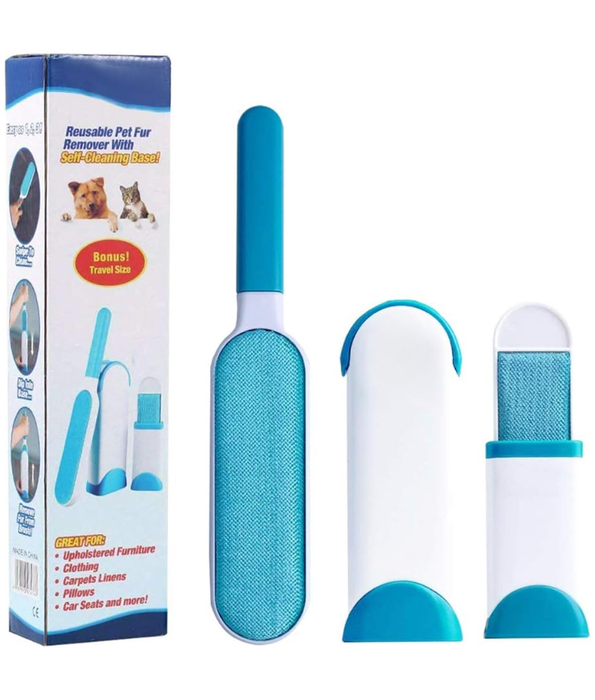 ‎Relarr - Pet Hair Remover Brush,Tur Remover for Pet Hair and Clothes Double-Sided with Self-Cleaning Base and Travel Size Brush (Blue, streamline)