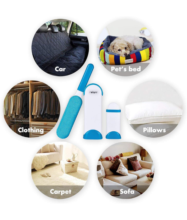 ‎Relarr - Pet Hair Remover Brush,Tur Remover for Pet Hair and Clothes Double-Sided with Self-Cleaning Base and Travel Size Brush (Blue, streamline)