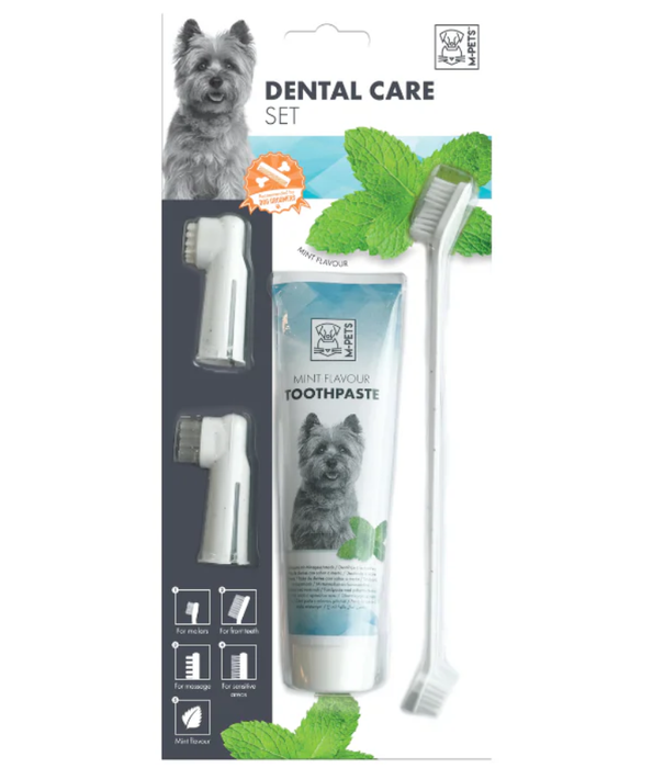 M-PETS - Dental Care Set for Dogs, With Mint Flavoured Toothpaste for Fresher Breath, Two Finger Toothbrushes, Dual Sided Toothbrush with Small & Large Bristle Heads, Suitable for all Breeds