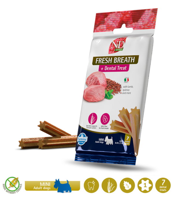 Farmina - N&D Quinoa, Fresh Breath Dental Treat with Lamb, Quinoa & Mint, Mini Adult Dogs - 60g