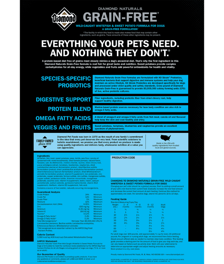 Diamond Naturals - Grain Free, Wild Caught Whitefish and Sweet Potato, All Life Stages Dry Dog Food - 2.27 Kg - 12.7 Kg