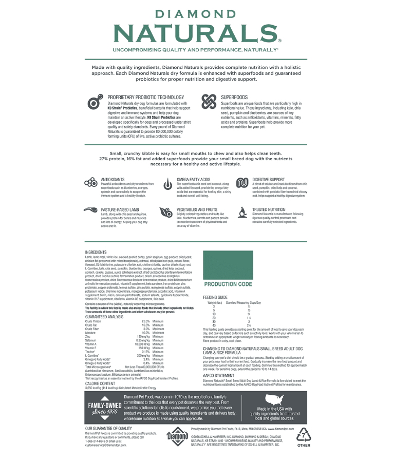 Diamond Naturals - Small Breed, Adult Dry Dog Food, With Lamb & Rice - 2kg